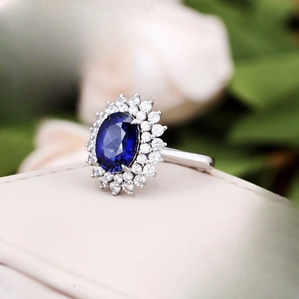 3.60 Ct Oval Natural Sapphire & Diamond Wedding Ring 14K White Gold Size 6