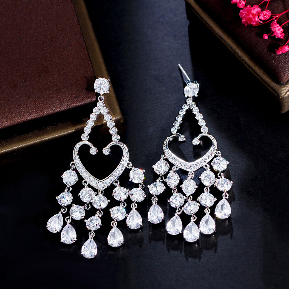 Dazzling Cubic Zirconia CZ Silver Plated Long Dangly Tassel Drop Wedding Earring