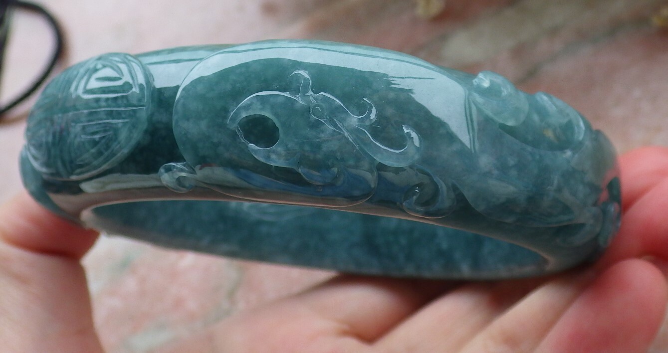 Certified Blue Green JADE Jadeite Dragon Phoenix Bangle Bracelet 69mm 589283 AS