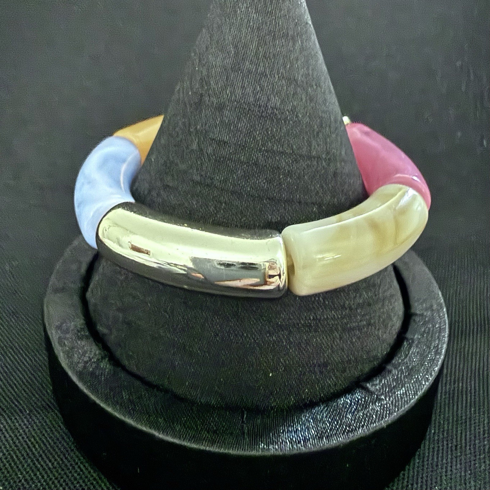 Color Block Resin Tube Stretch Bracelet Silver Tone Blue Pink Orange Ivory Boho