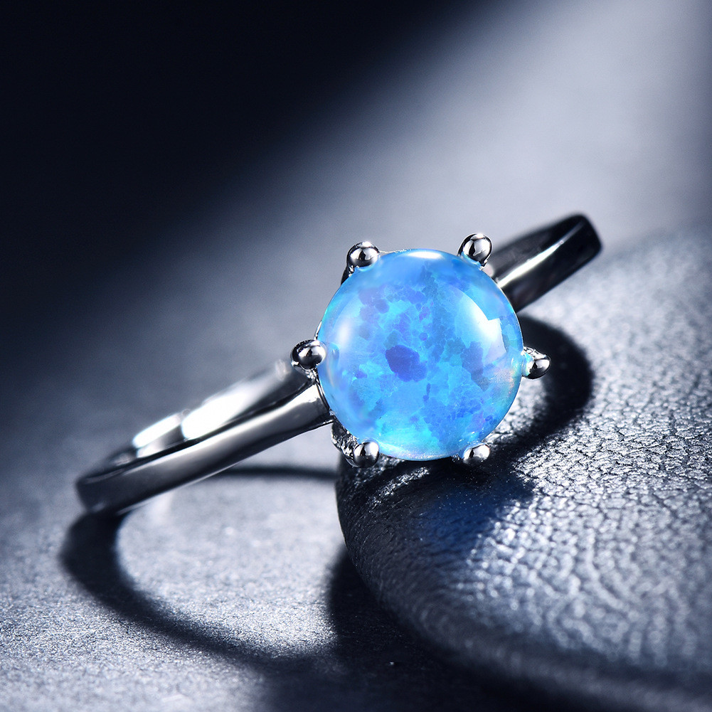 Simple Round Design 6MM Rainbow Blue Fire Opal Silver Woman Ring US Size 6-10