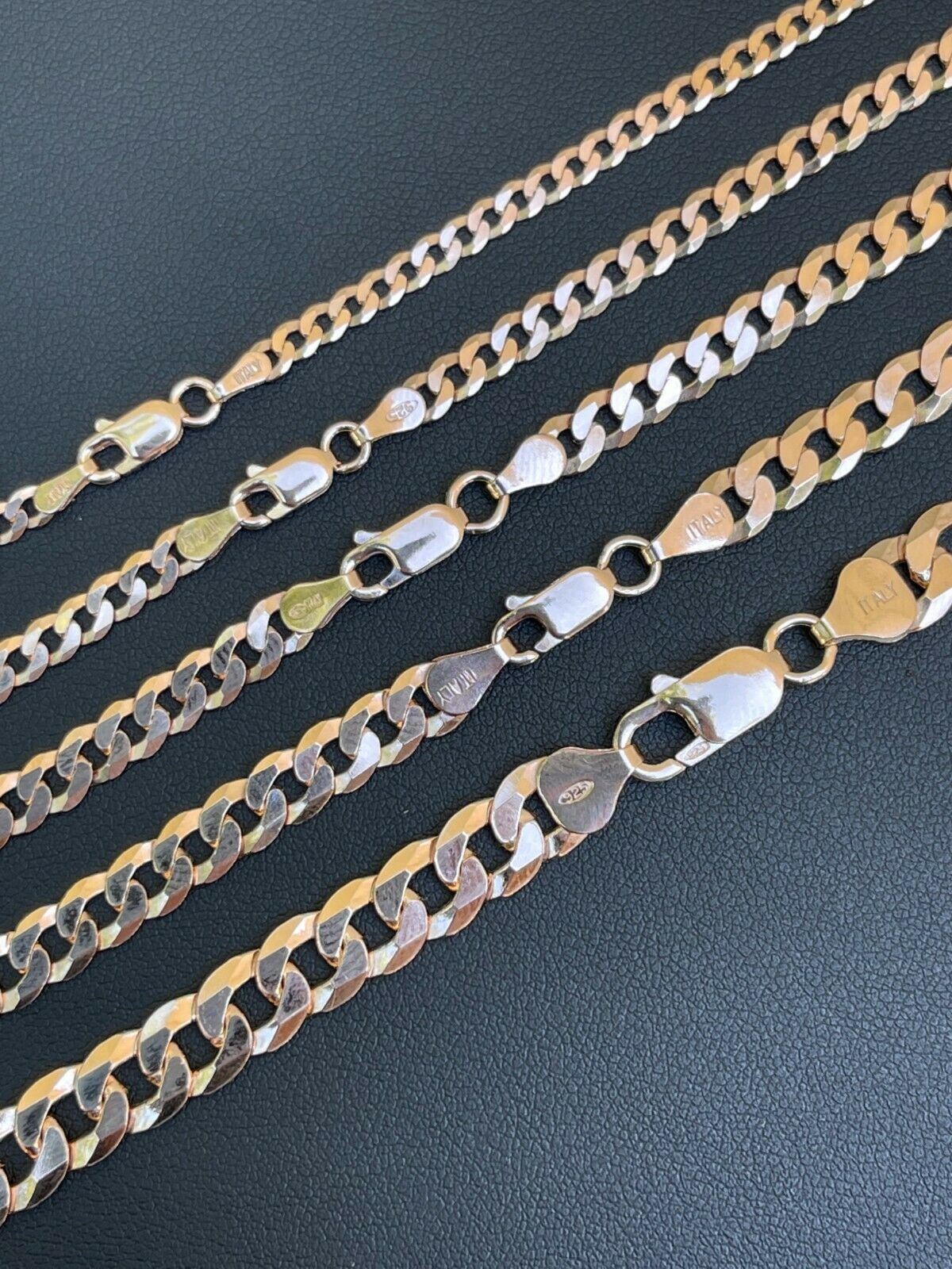 14k Rose Gold Plated REAL Solid 925 Silver Flat Cuban Link Chain Necklace 3-8mm