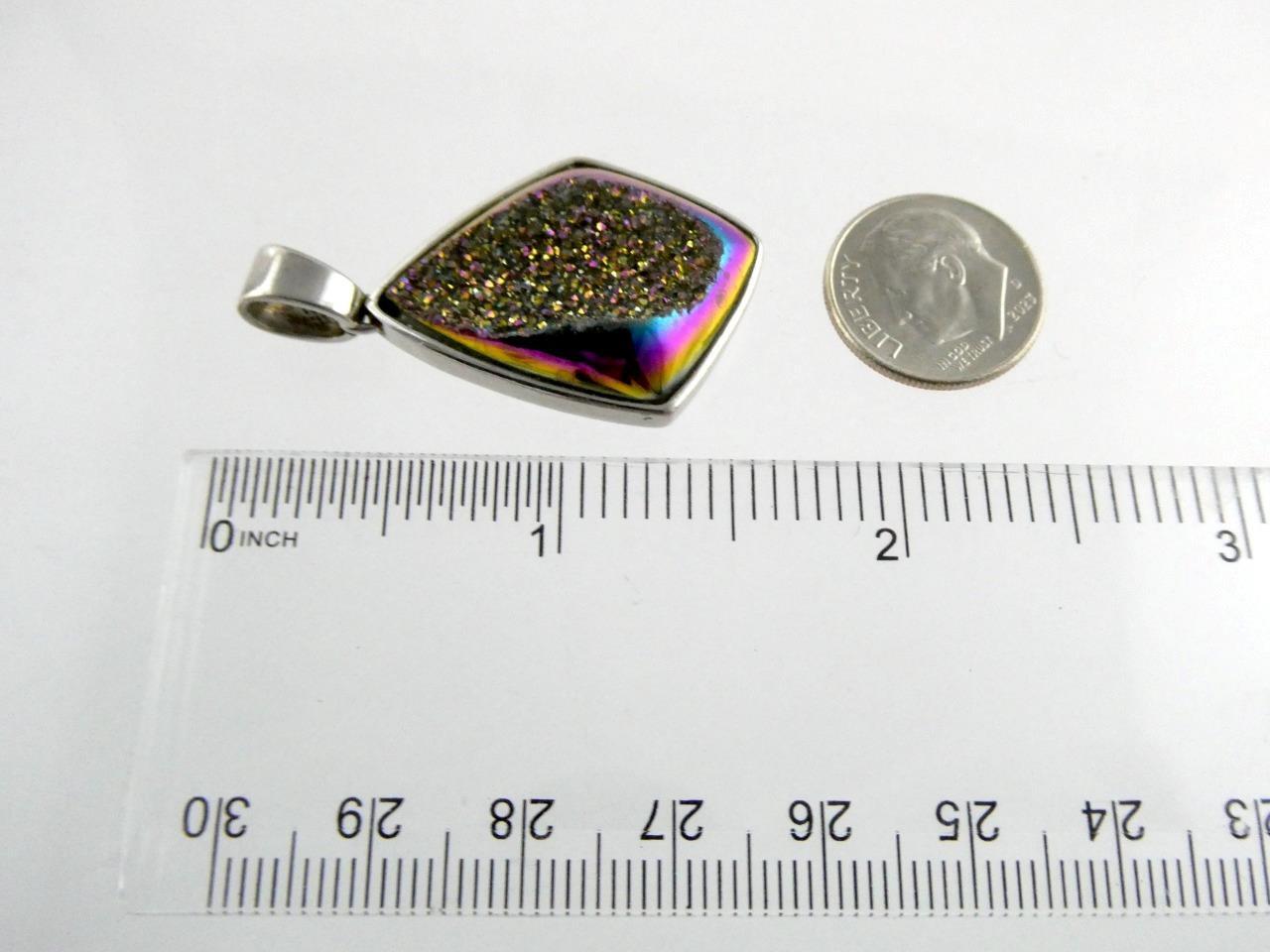 JH Sterling Silver Druzy Aura Quartz Pendant 925 1.5 Inch Length 8.8 Grams