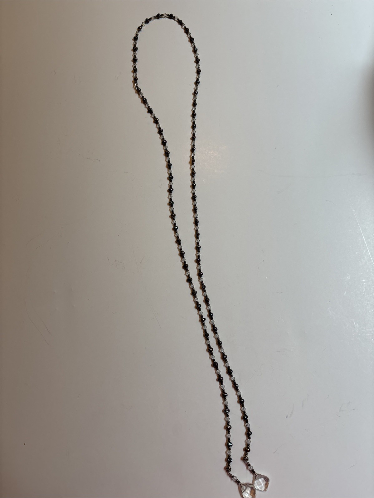 Long Peacock Black Pearl Faceted Crystal Lariat Necklace Open Ended Tie Choker⁠