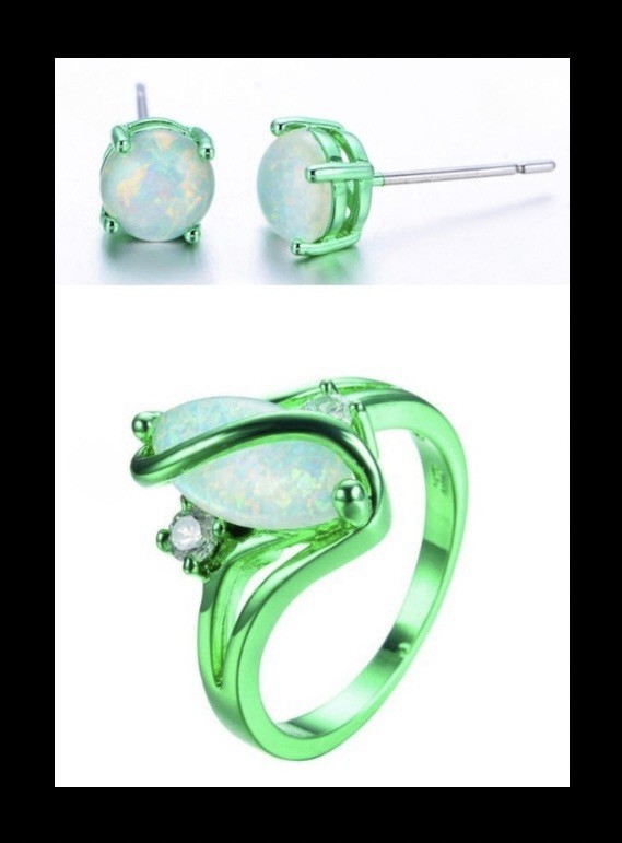 Gorgeous Unique Green Gold Filled White Fire Opal Marquise Ring 9 & Earrings Set