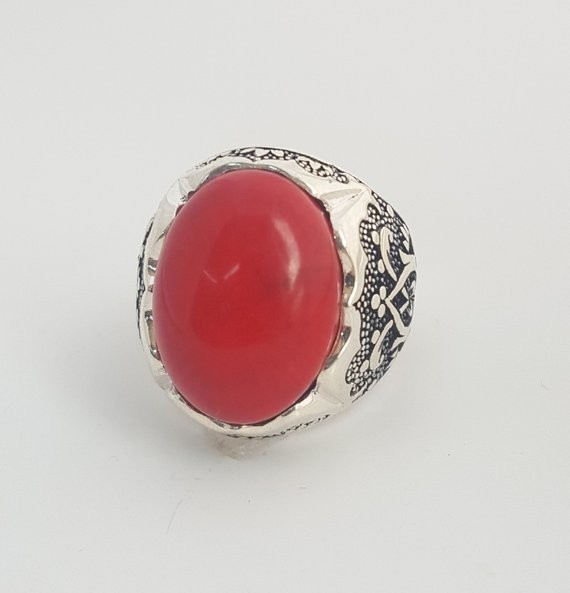 Solid 925 Sterling Silver AA Italian Red Coral Gemstone Signet Men’s Unisex Ring