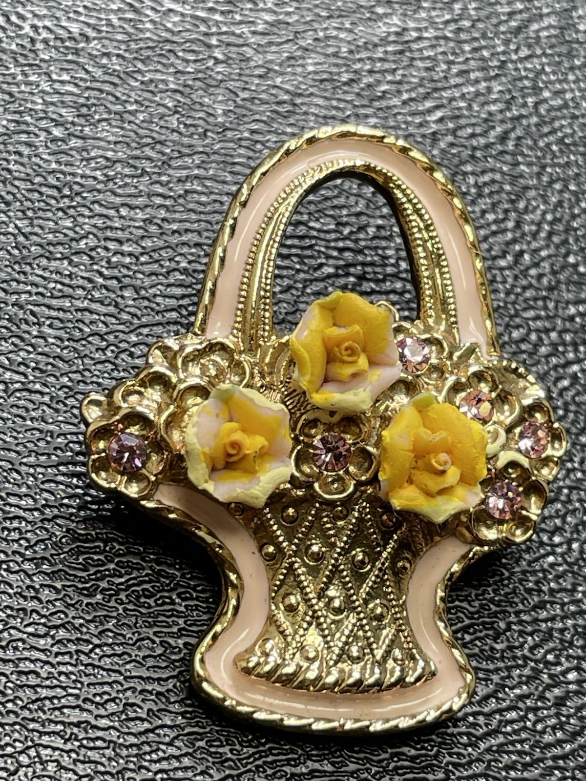 Vintage 1.5” Yellow Ceramic Flower Pink Rhinestone Gold Tone Basket Brooch Pin