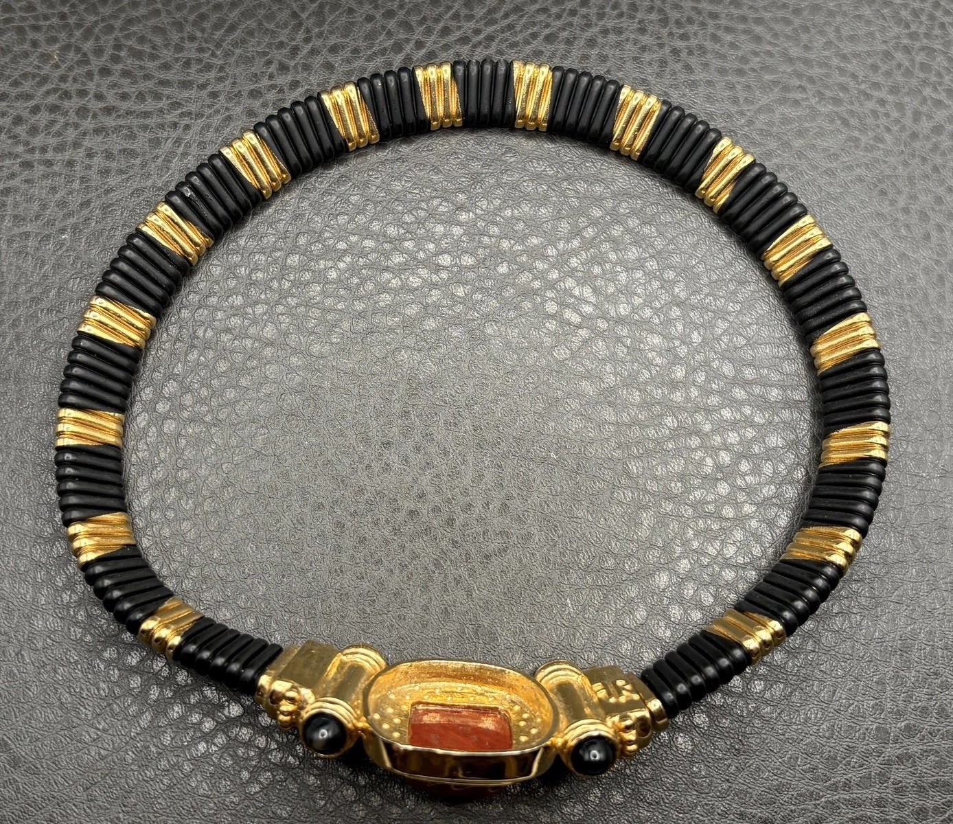 Francesca Romana 80s Vintage Etruscan Style Black Red Glass Omega Necklace 15”