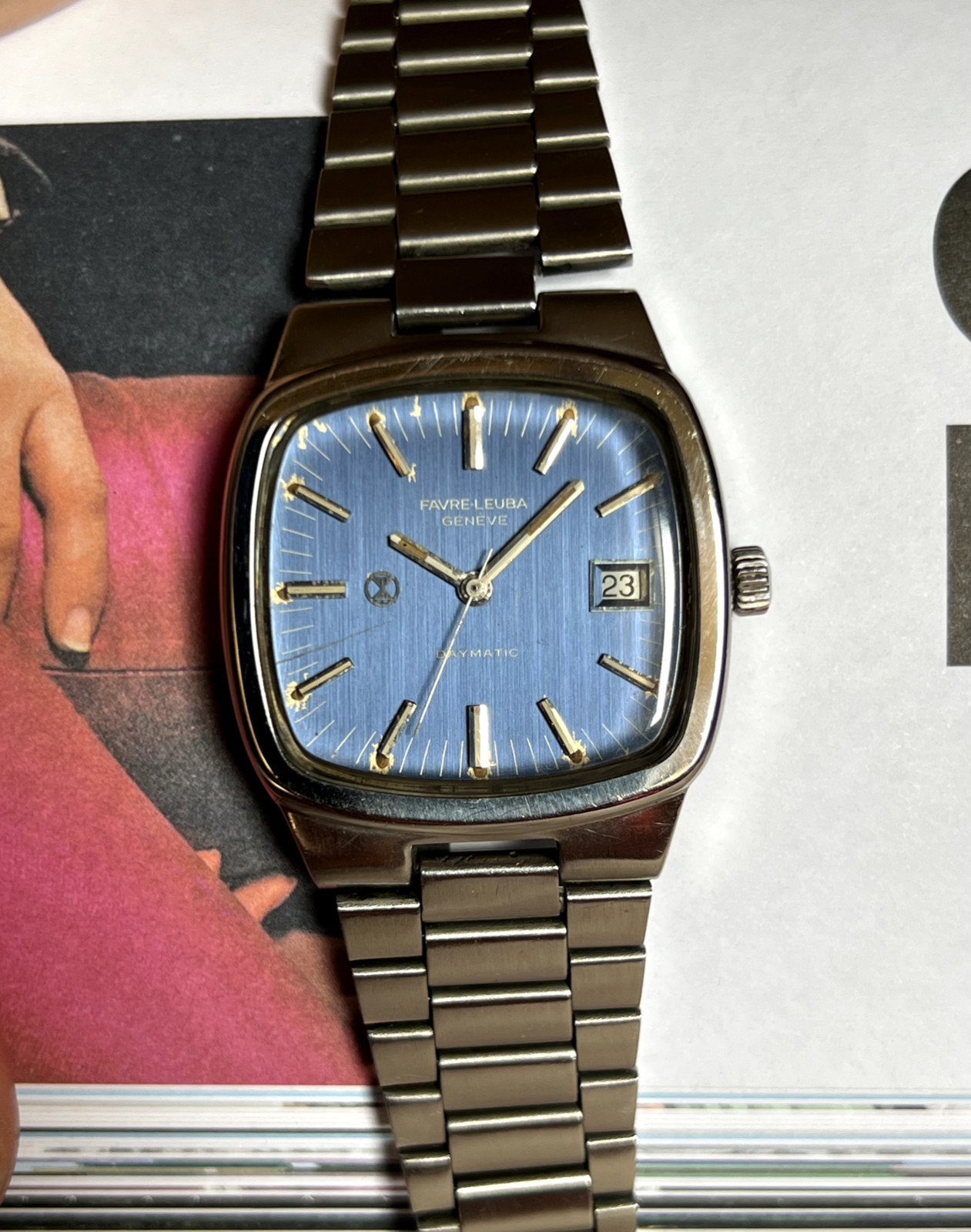 Vintage Favre leuba daymatic TV shape integrated bracelet automatic mens watch