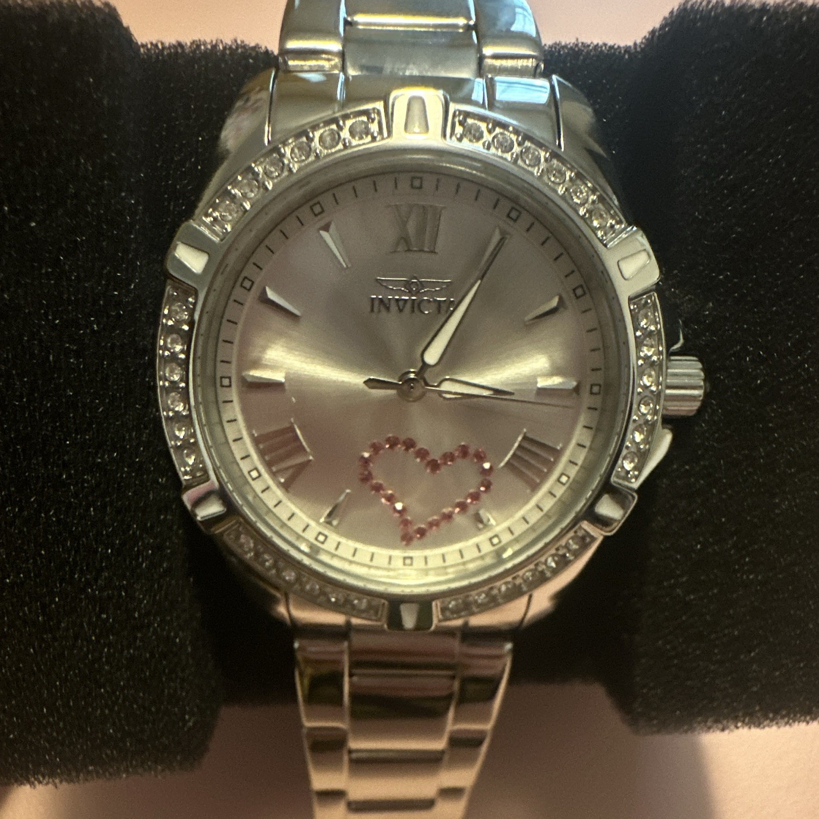 Invicta Women’s Quartz Analog Watch Silver SS Bracelet Heart Dial Gem-Set