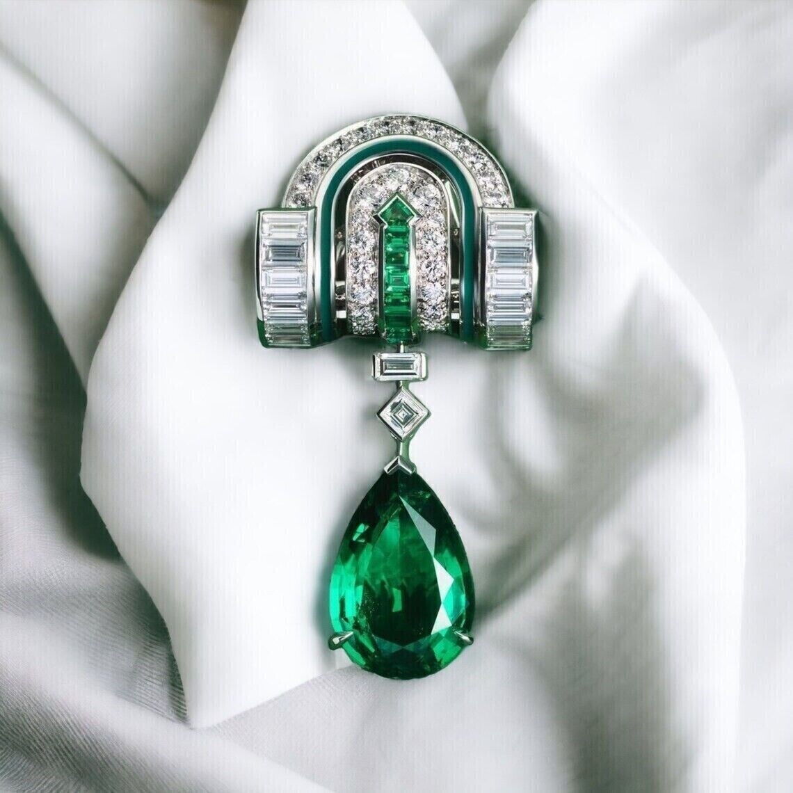 Unique Art Deco pear cut green Emerald Drop Pendant & Brooch in 925 Silver