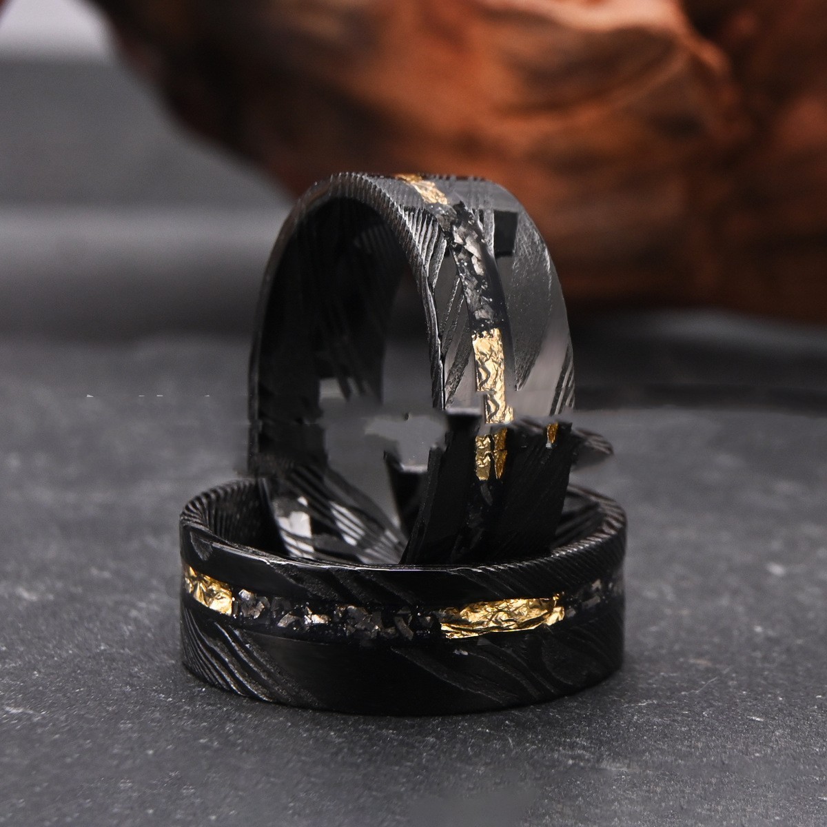 Wide Damascus Steel Ring Electric Black Flat