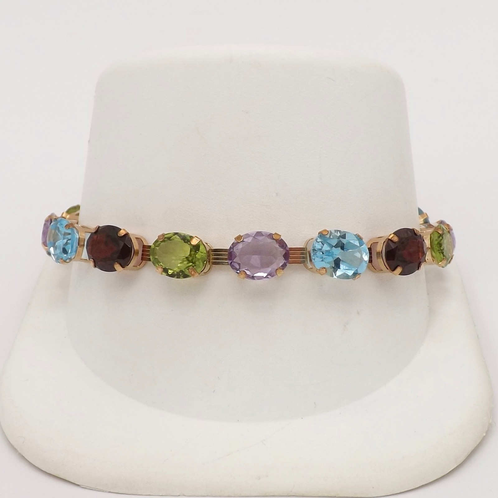 10k Gold Natural Rainbow Gemstone Tennis Link Bracelet 7in Garnet Topaz Amethyst