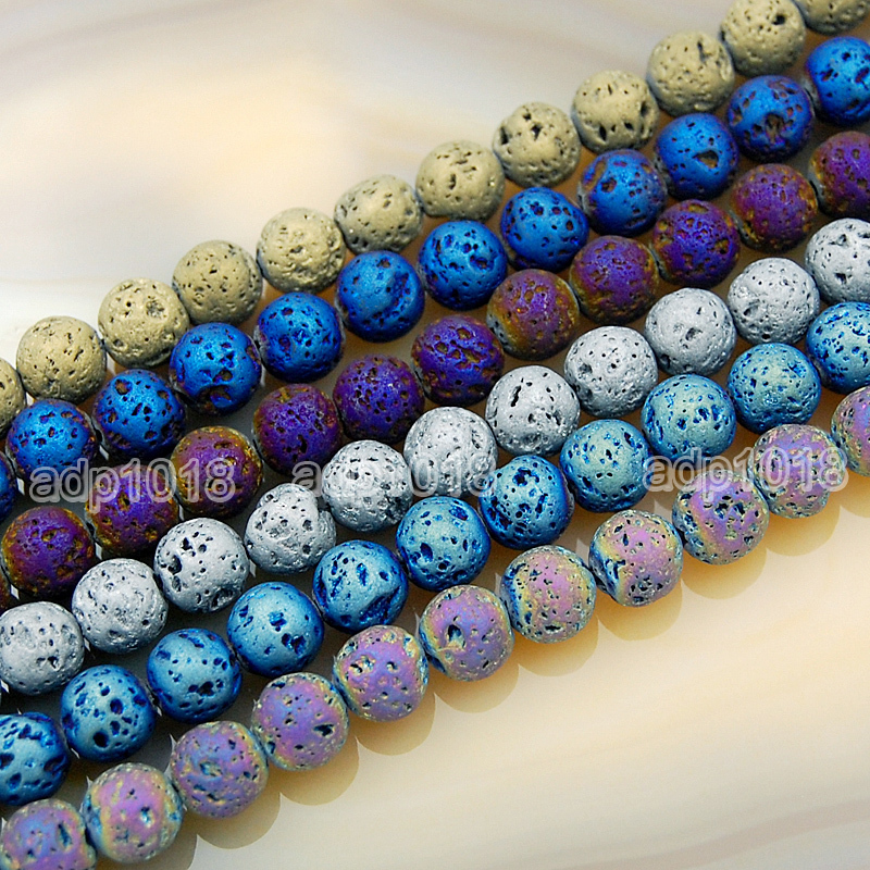 Metallic Titanium Coated Rock Lava Gemstones Round Beads 15″ 6mm 8mm 10mm 12mm