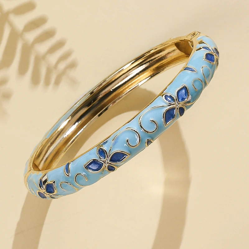Flower Pattern Enamel Cloisonne Bracelet for Women Retro Gold Color Plated Bangl