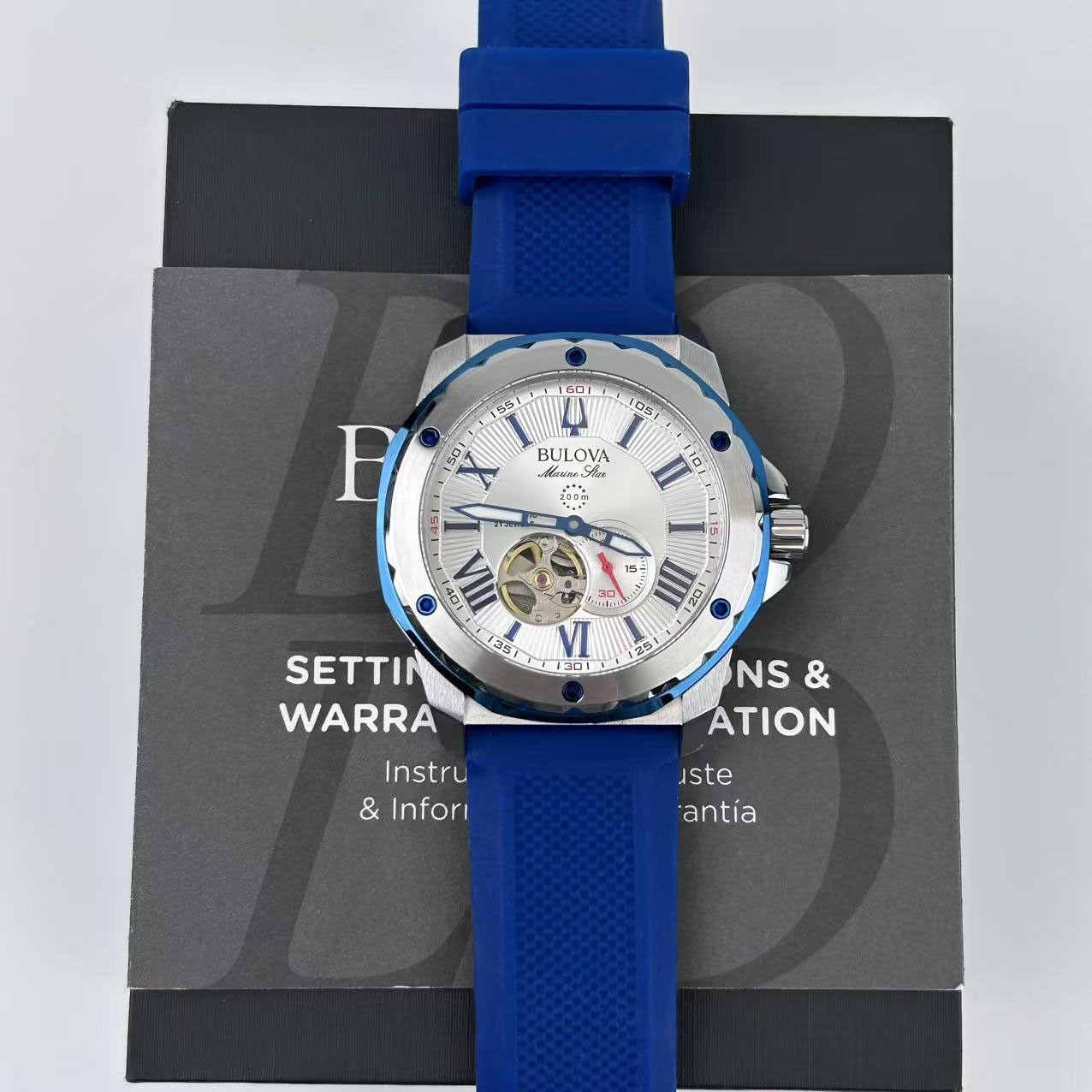 New Bulova Marine Star White Dial Blue Rubber Strap Men’s Automatic Watch 98A225