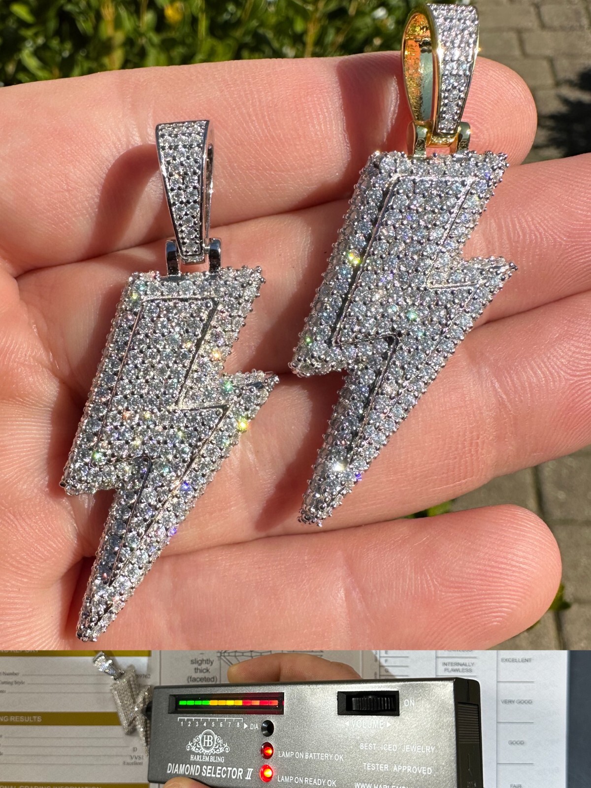 VVS MOISSANITE Iced Hip Hop Real Silver / Gold Lightning Bolt Necklace Pendant
