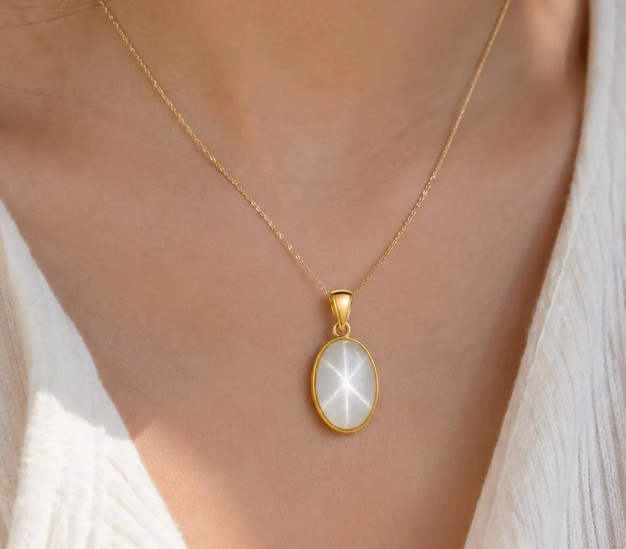 Gold Natural 6 Rays Star White Sapphire Necklace 925Silver Star Sapphire Pendant