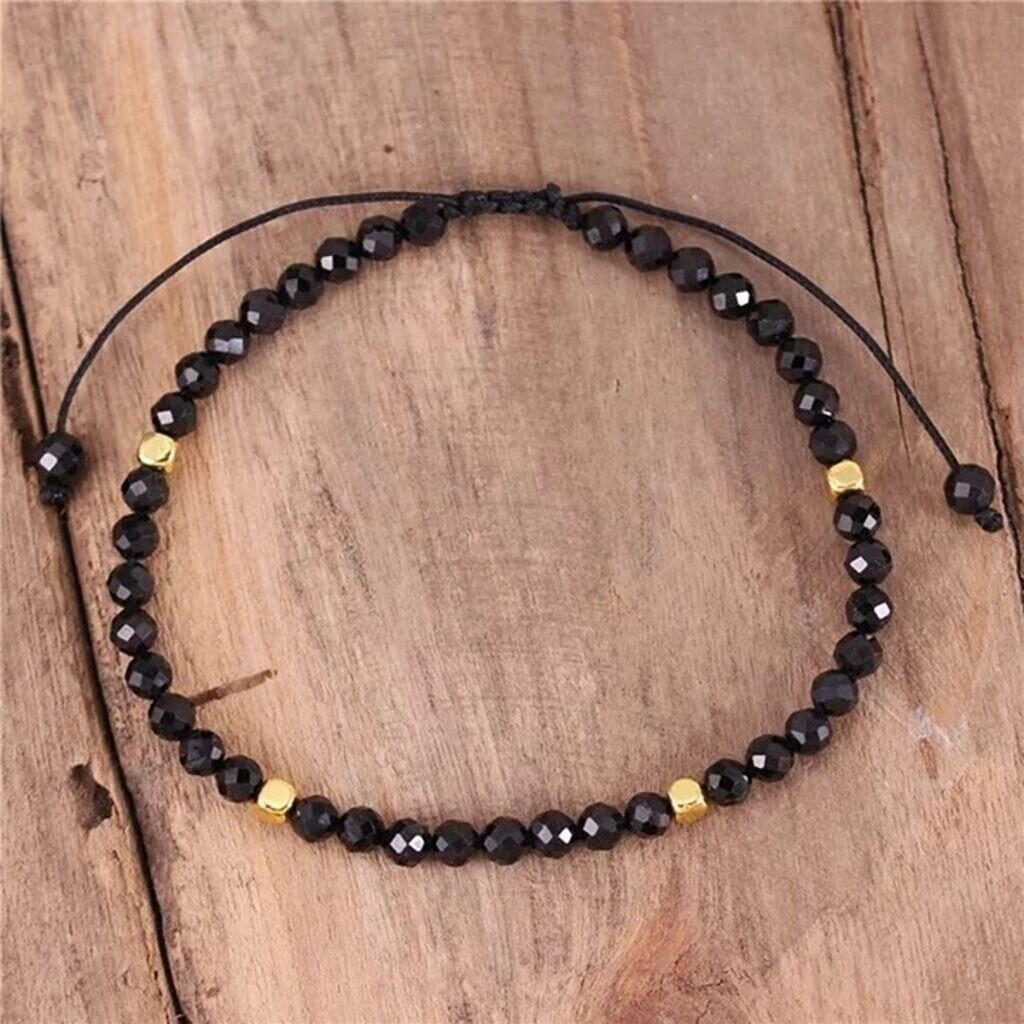 3mm Black Spinel Crystal Gemstone Beaded Dainty Bracelet Healing Energy Gift
