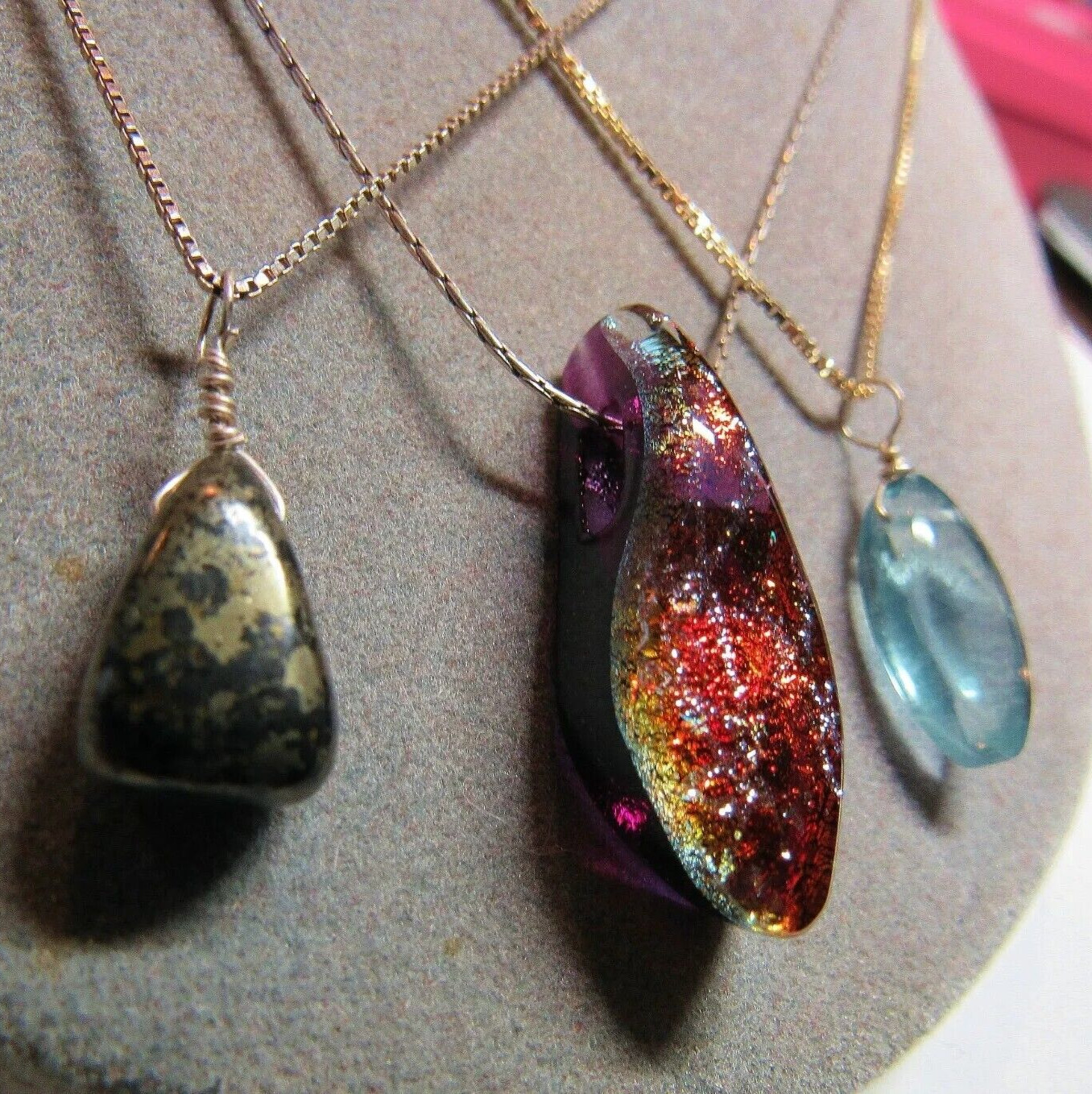 3 PC Pendant Necklace Lot Sterling 925 Silver Fluorite Pyrite Stone Glass 17.0g
