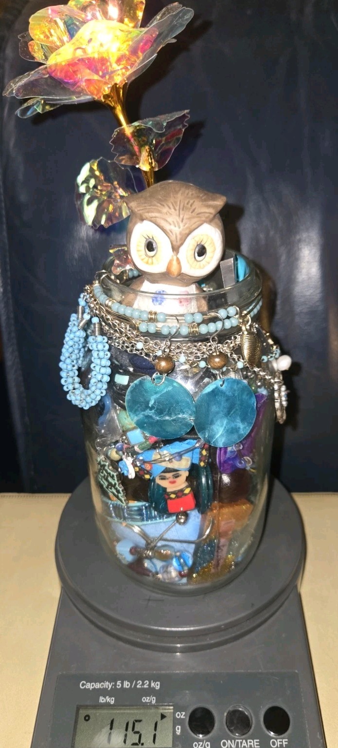 BLUE🩵 BEAUTIES~MYSTERY JEWELRY JAR~VINTAGE 2 NOW~PACKED FULL~WEARABLE PIECES