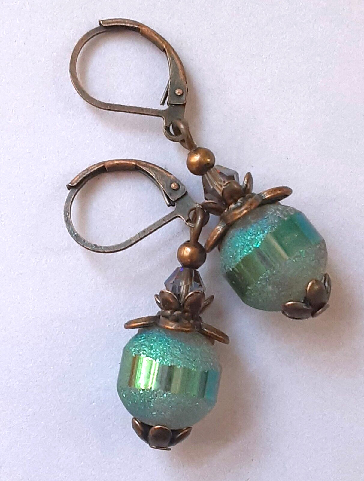 TEAL FROSTED CRYSTAL DROP earring COPPER LEVERBACK handcrafted XX