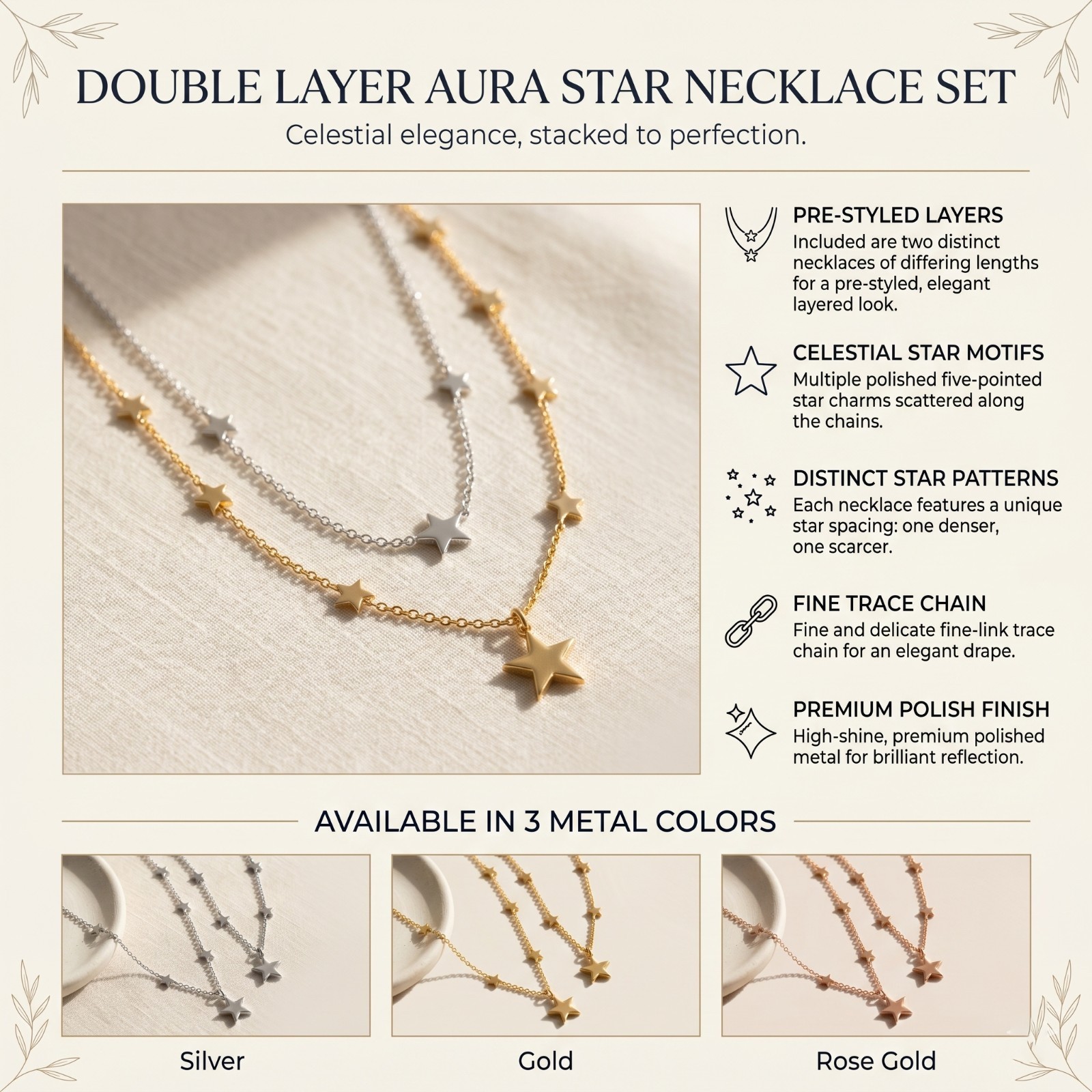 S925 Sterling Silver Multi Star Necklace, Dainty Charm Star Chain Necklace
