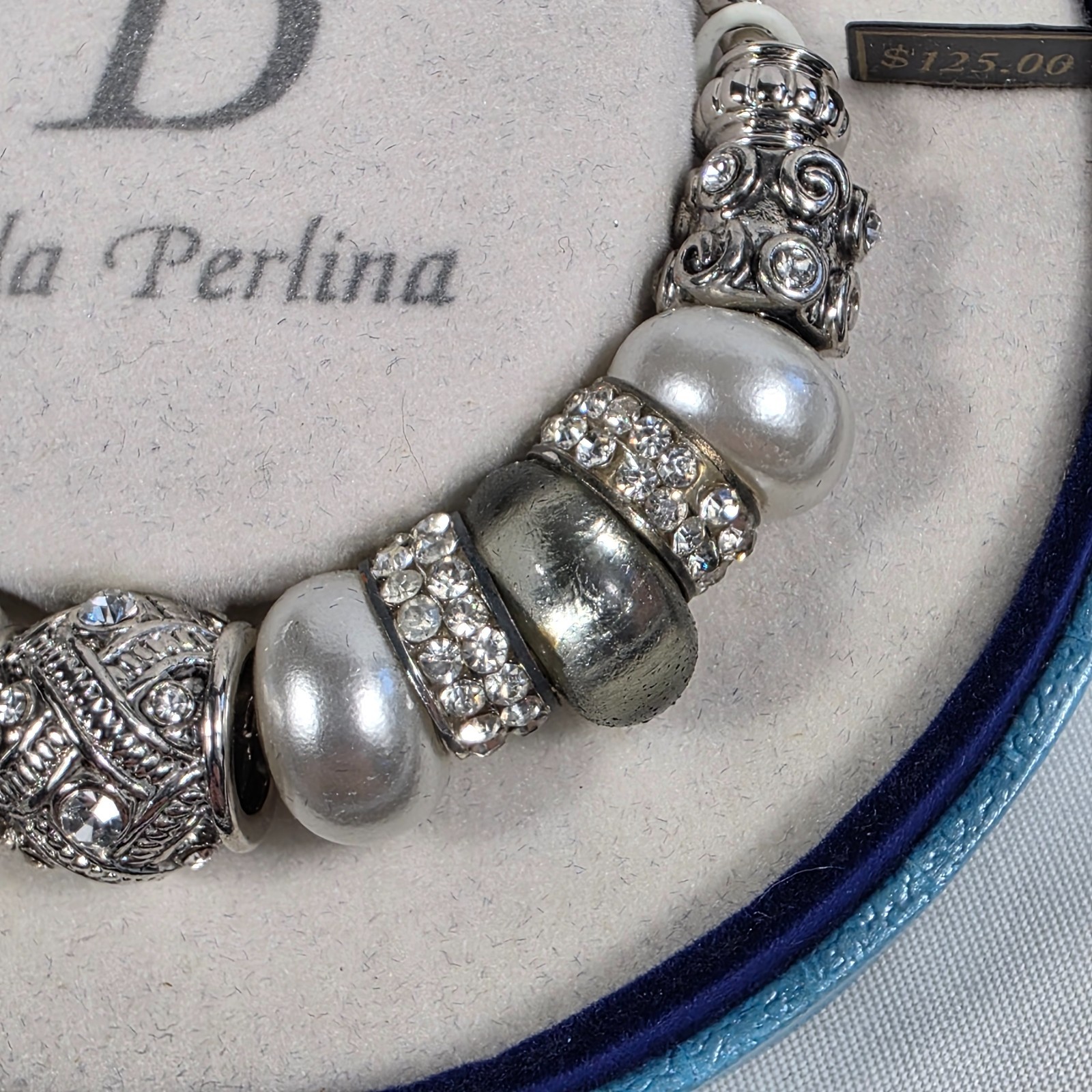 Bella Perlina Silver-Tone Charm Bracelet White Pearl Beads Crystal Accents NEW