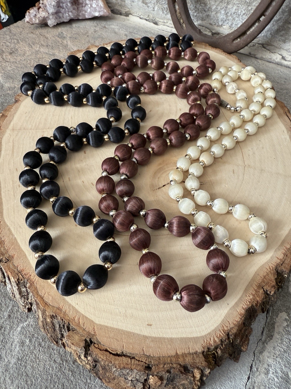 Vintage Multi-Color (Black, Brown and Ivory) Silk Beaded Necklace Set