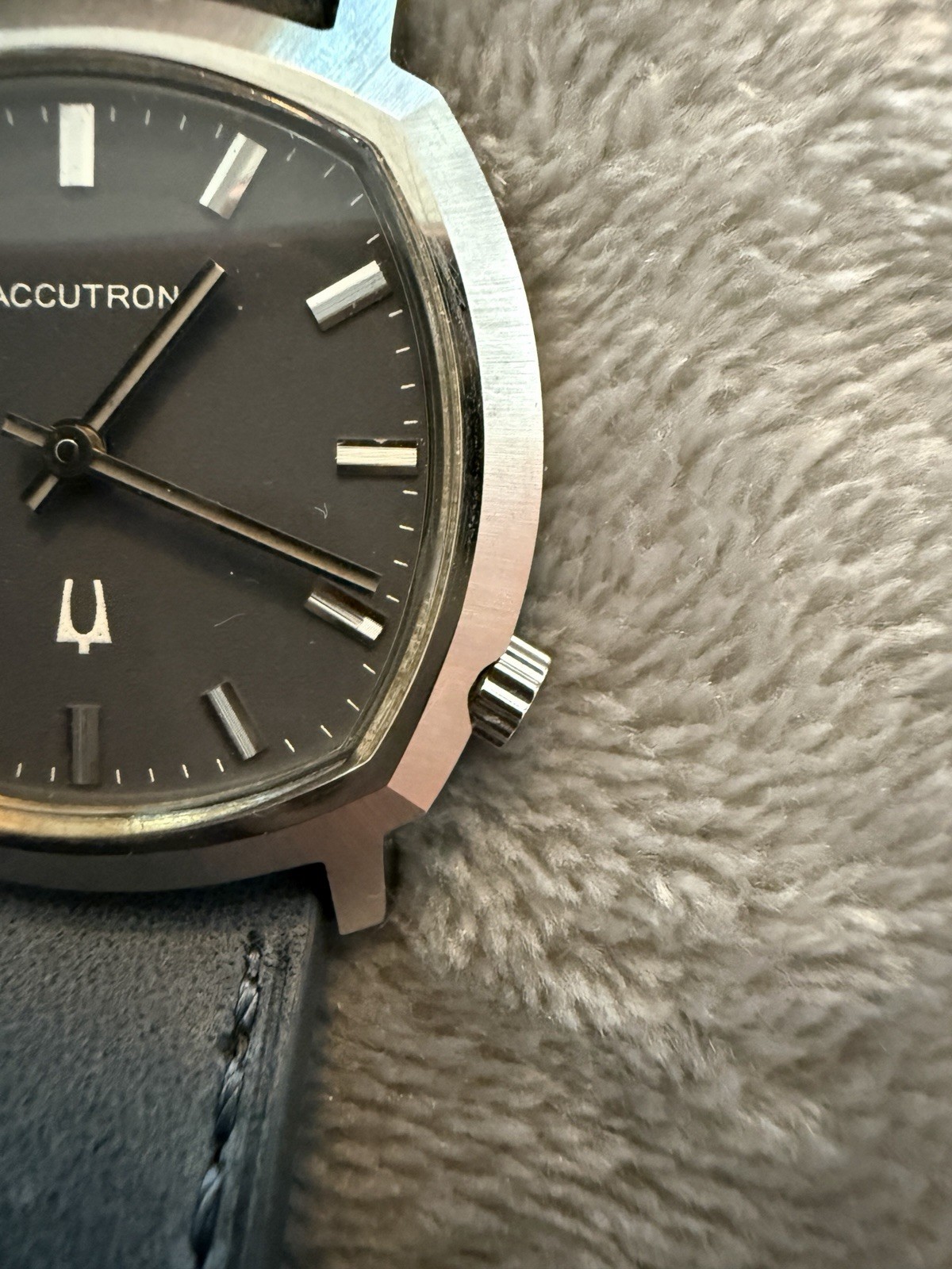 Bulova Accutron Black Dial Tonneau Quartz Stainless Case Black Leather Strap