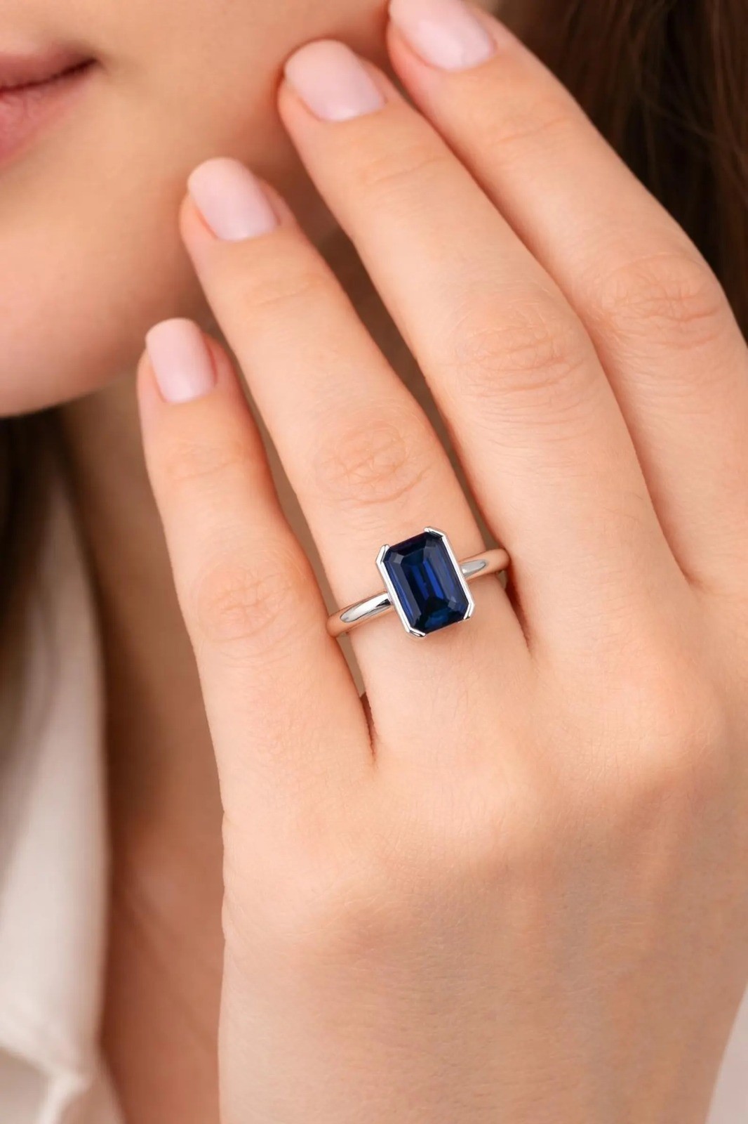 2 Ct Natural Blue Sapphire Ring Emerald Cut Solid 14K White Gold Fine Jewelry
