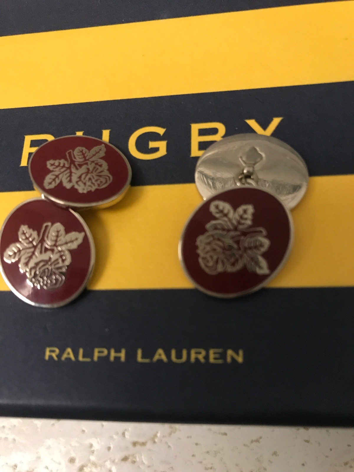 Polo Ralph Lauren Rugby Men Vintage Inspired Collegiate Rose Cufflink Red Silver
