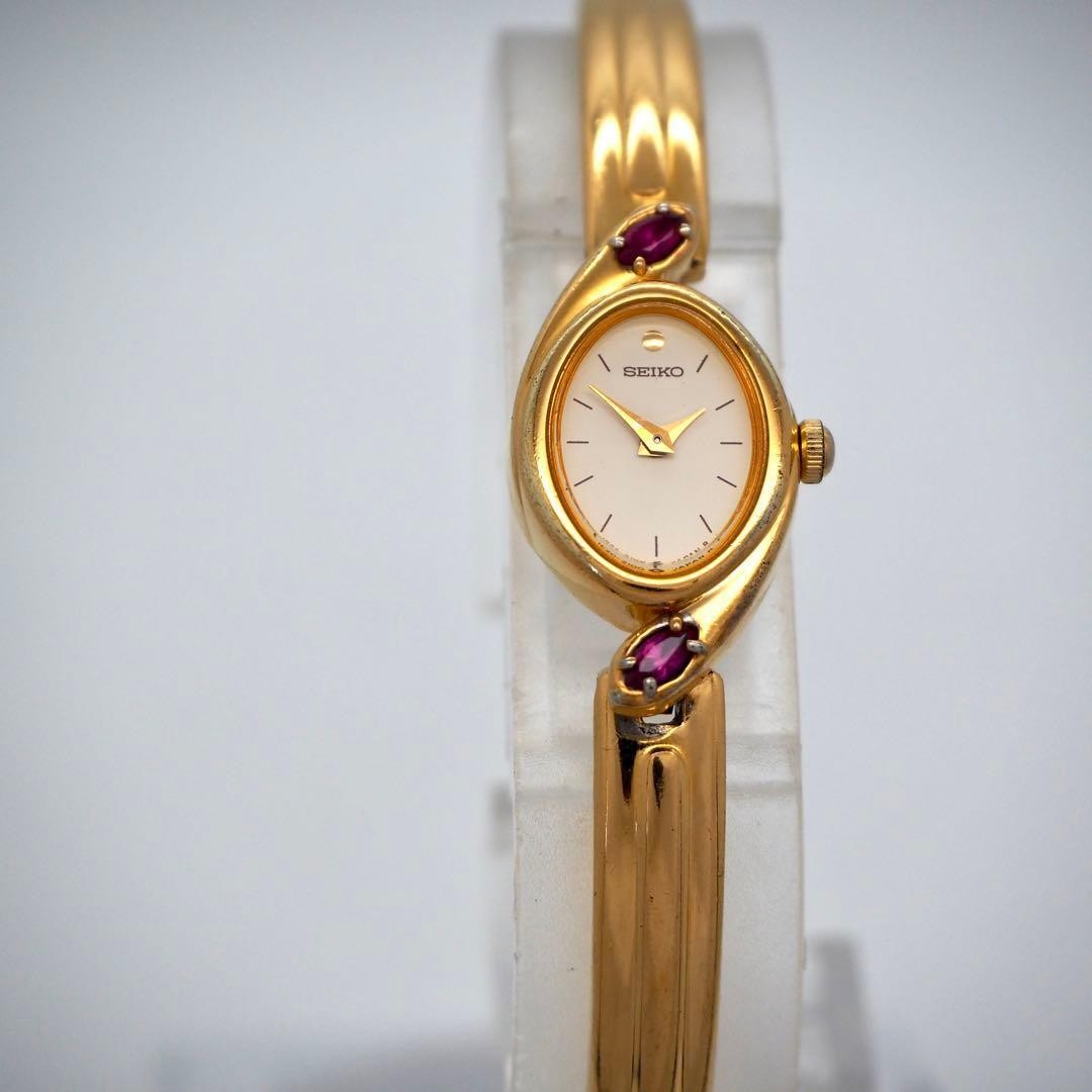 617 Working SEIKO Watch Oval Color Stone Women Gold