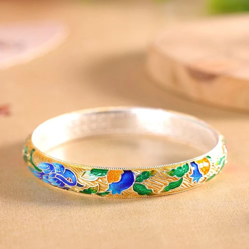 Pure S999 Fine Silver Bracelet 10mm Lucky Enamel Fish Open Bangle 34-35g ID:58mm