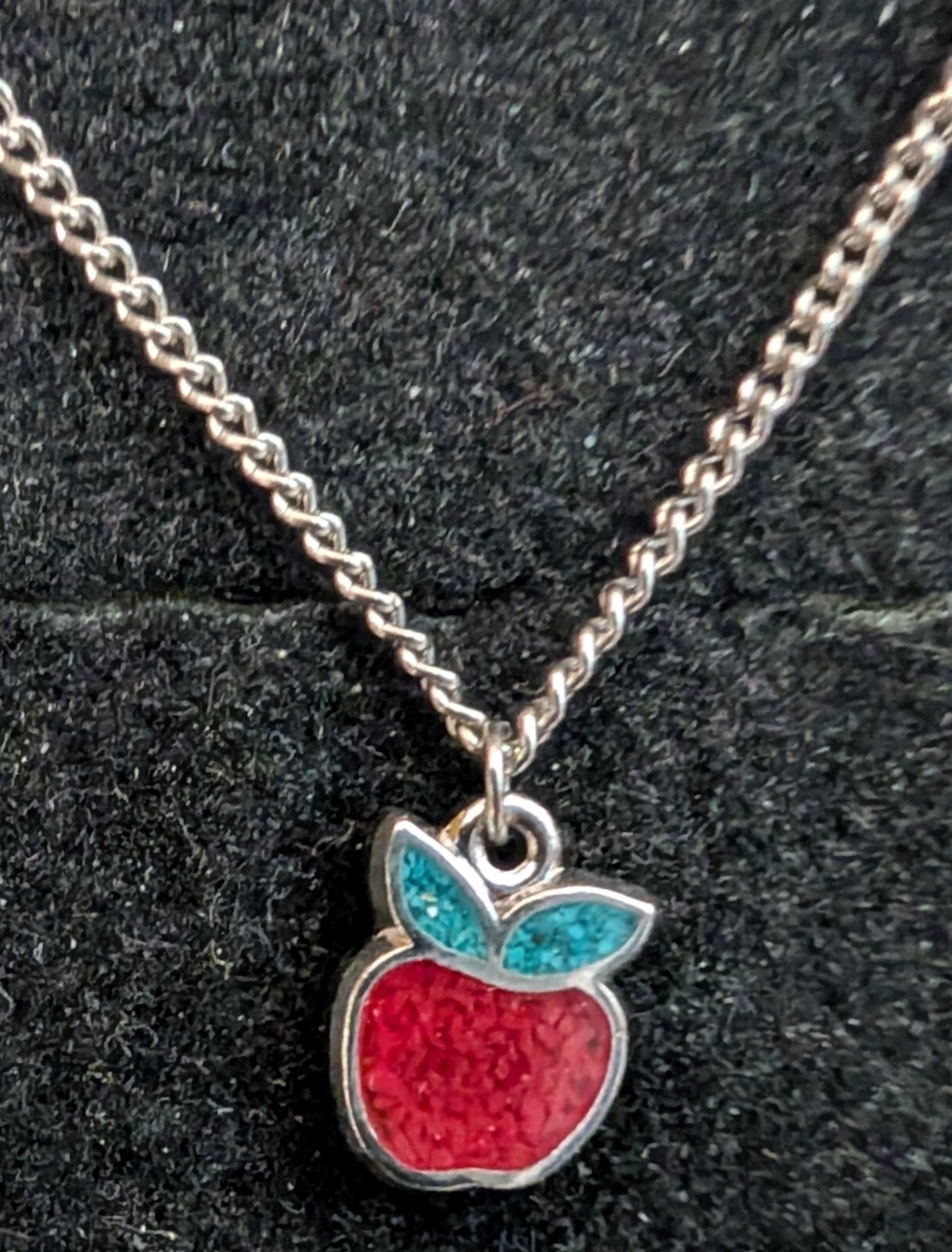 Vintage Nickle Silver Necklace Apple Resin Filled Turquoise & Red Coral