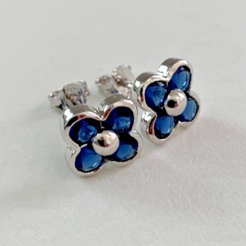 Sapphire Cubic Zirconia Four Leaf Clover Stud Earrings in Solid Sterling Silver