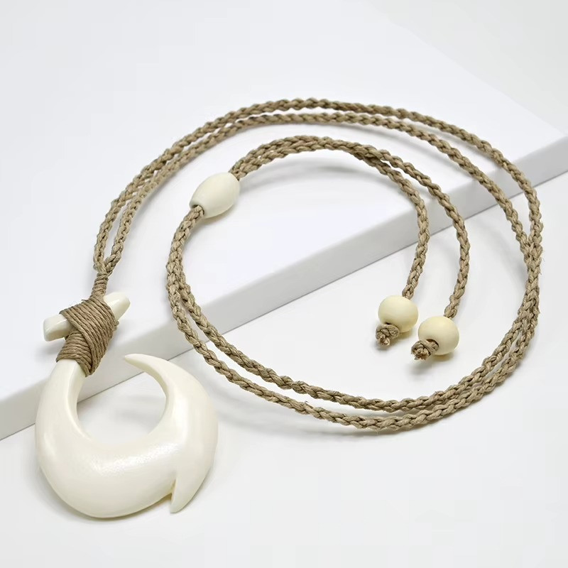 NGX050 Maori Fish Hook Choker Yak Bone Necklace Pendant Handmade Jewelry Gift
