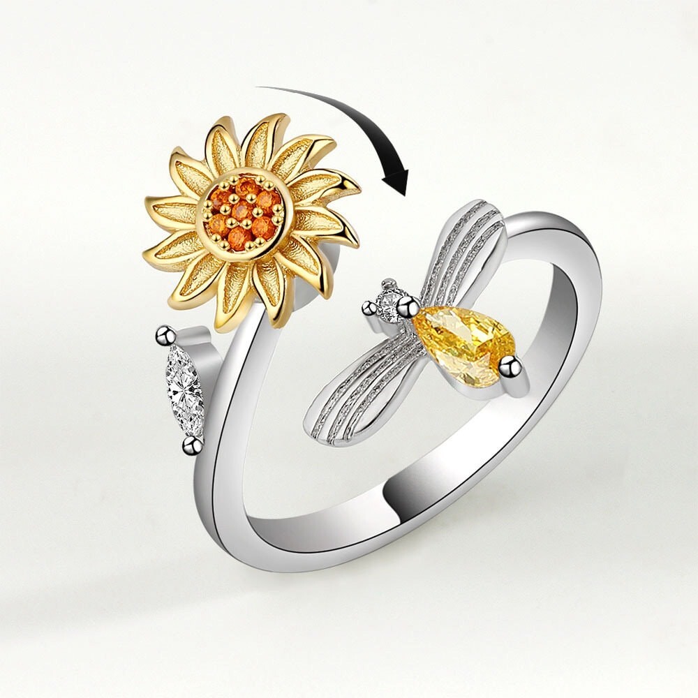Sunflower Anxiety Fidget Spinner Ring in Sterling Silver
