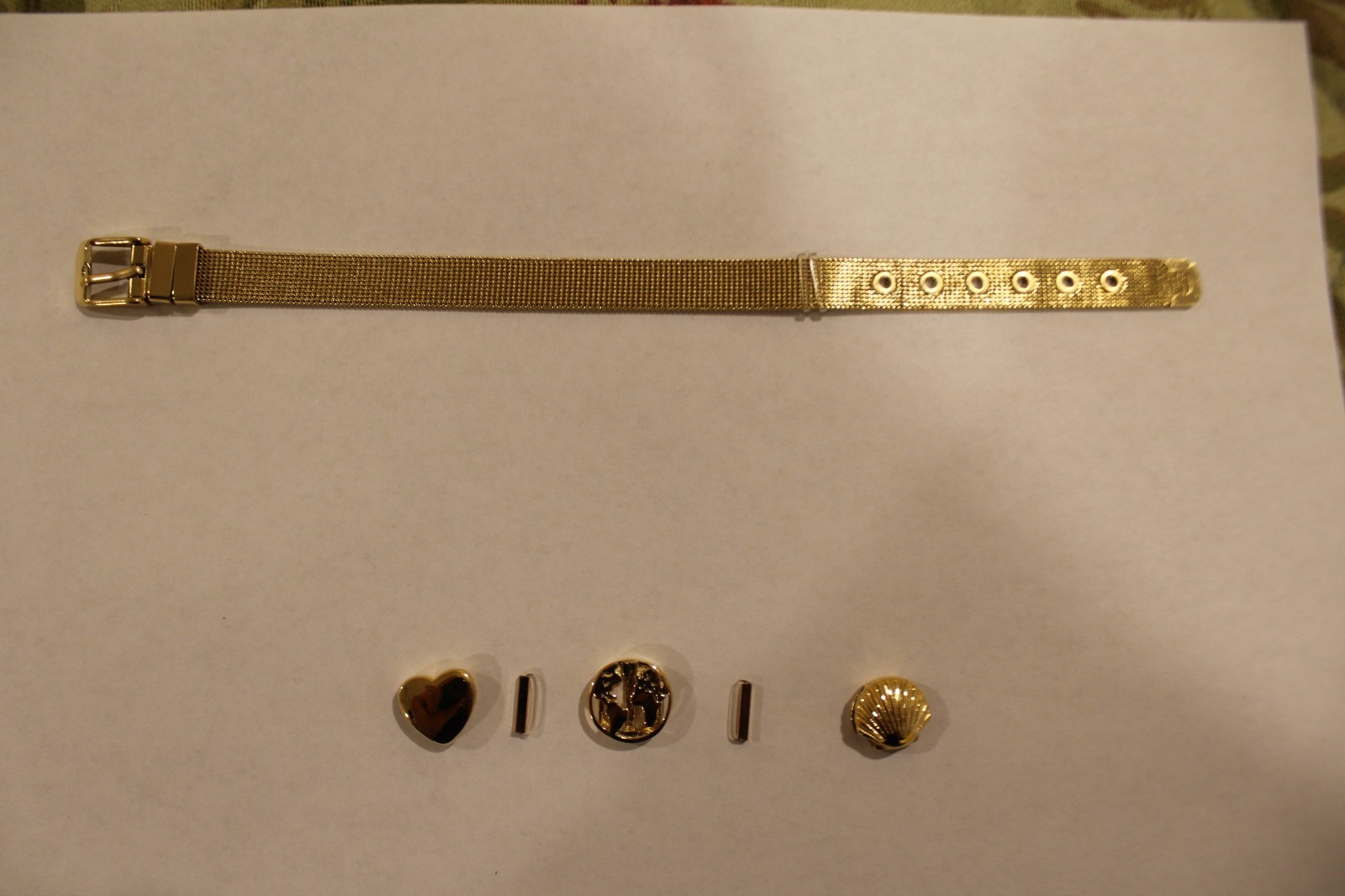 Gold Tone Stainless Steel Mesh Charm Bracelet Buckled Band with 3 charms