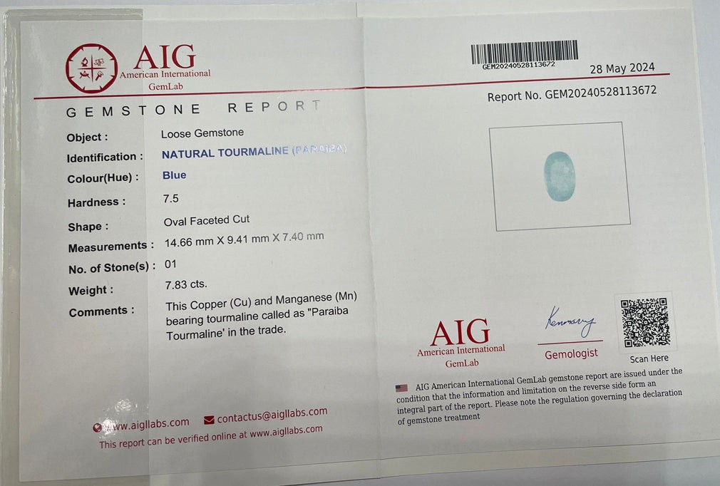 7.83 ct AIG CERTIFIED OVAL (14.66 x 9.41 mm) COPPER BEARING PARAIBA TOURMALINE