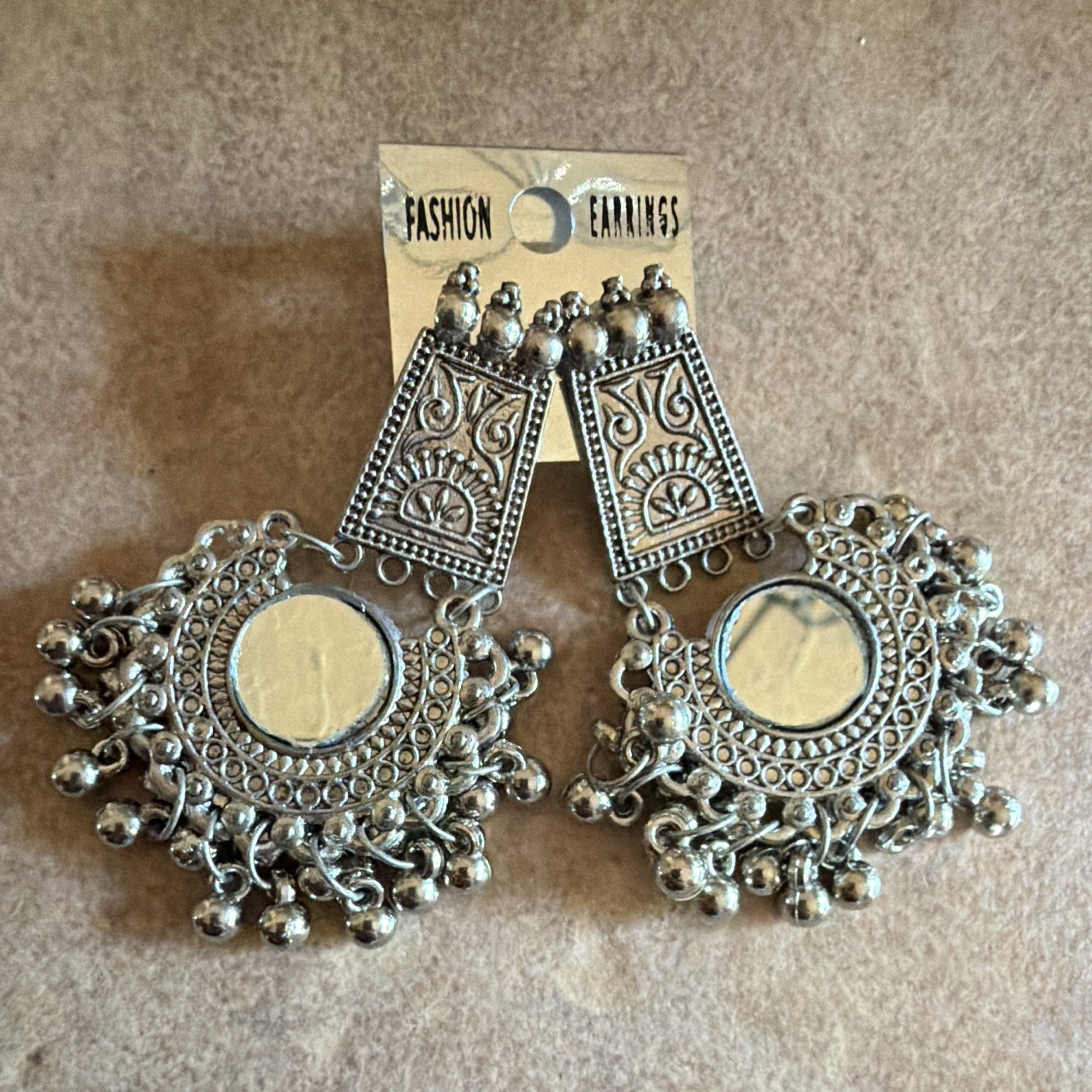 Silver Tone Mirror Disc Dangle Drop Earrings Round Bezel Set Butterfly Back