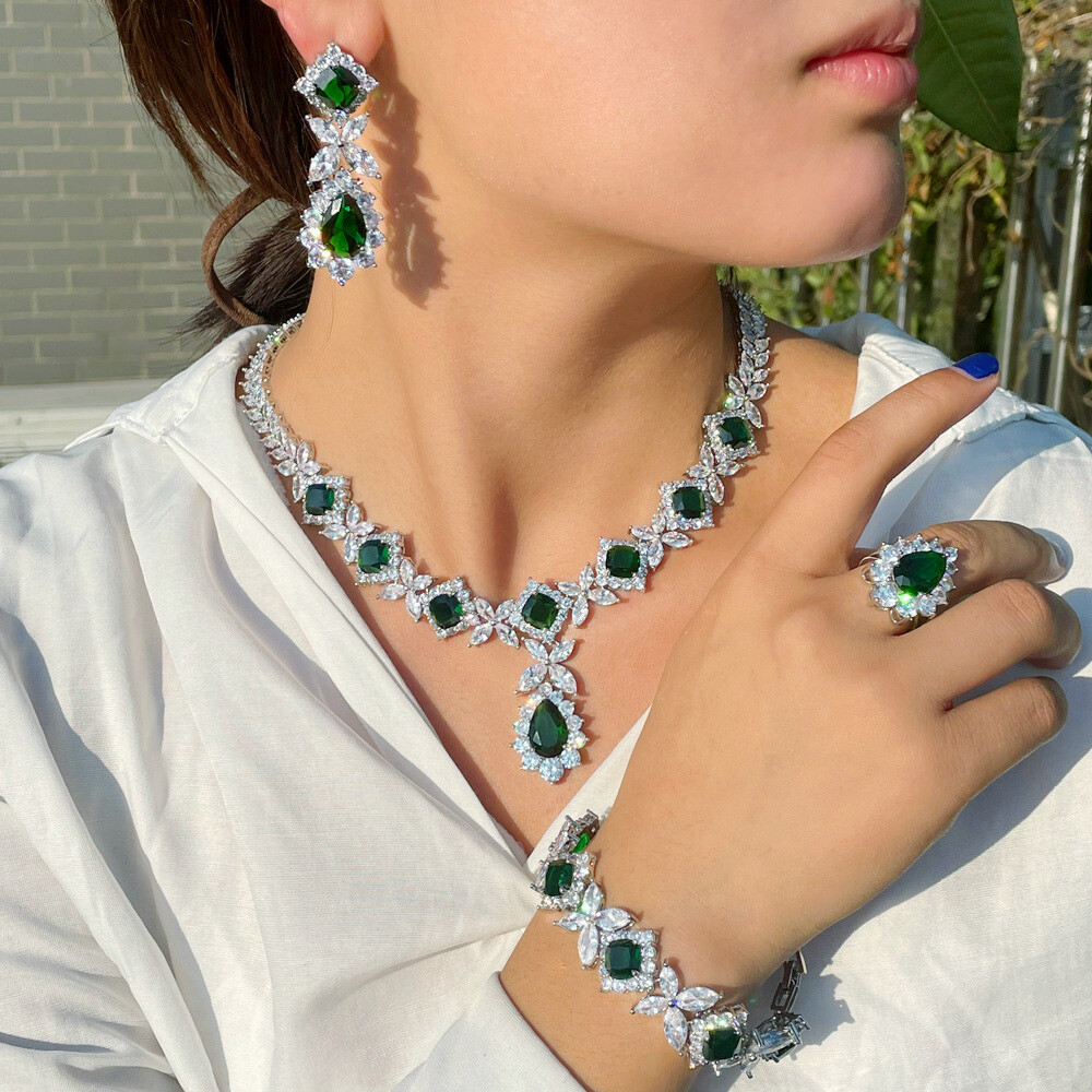 Green CZ Women Engagement Leaf Drop Necklace Earring Bracelet Ring Jewellery Set
