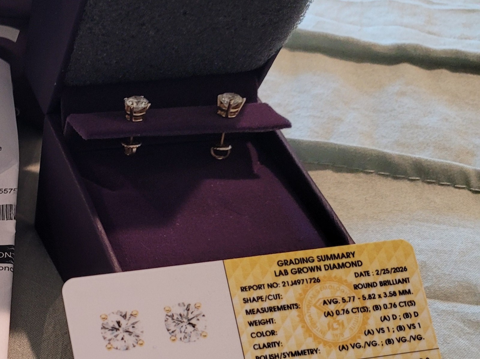 IGI Certified Lab-Grown Round Diamond Stud Earrings 14K Yellow Gold Pair