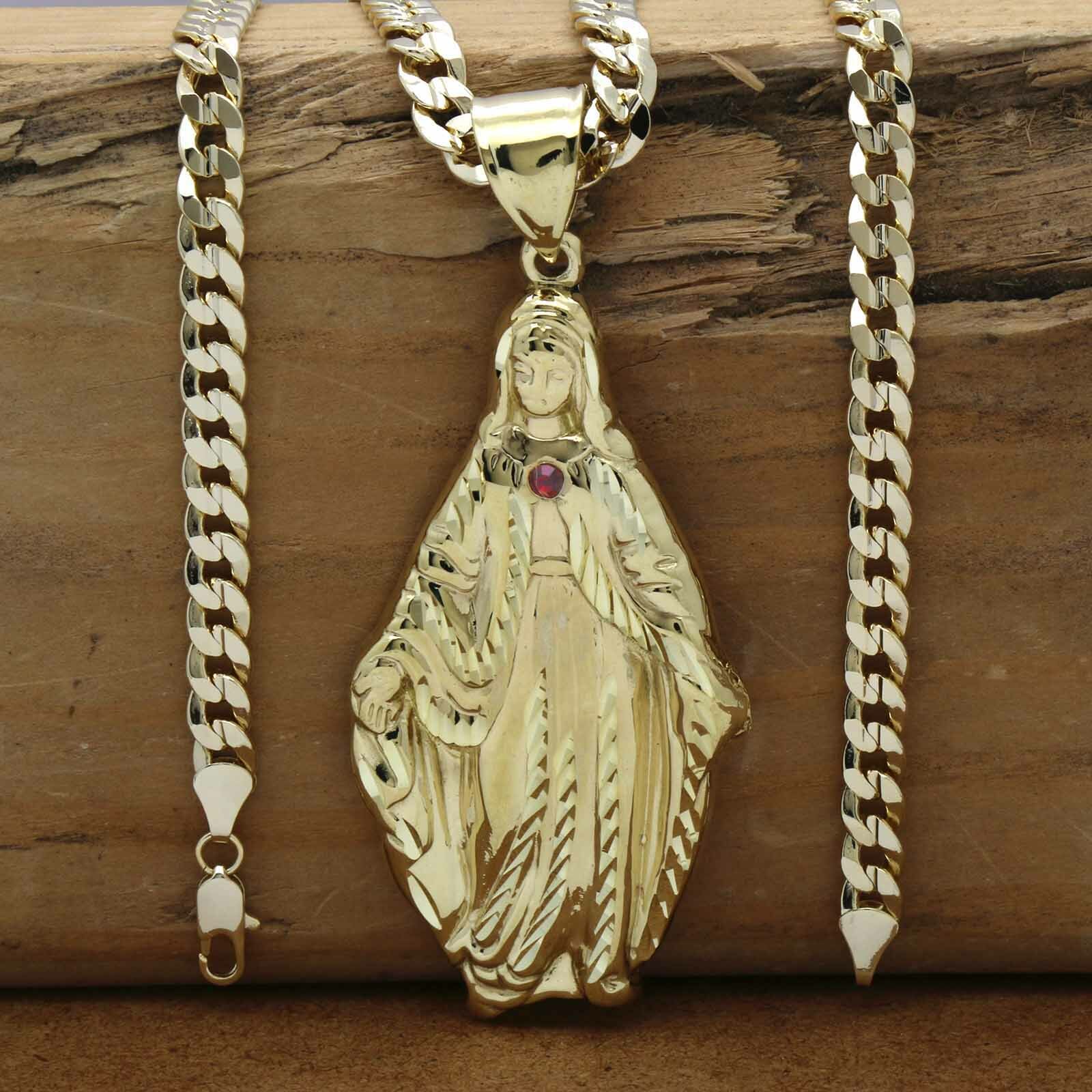 18k Gold Plated Virgin Mary Religious Pendant Cubic Zirconia 24″ Cuban Chain L