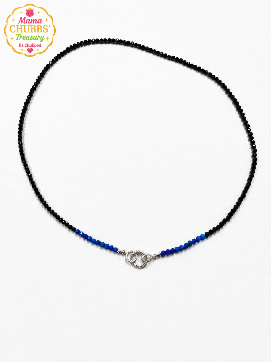 Black Spinel & Lapis Lazuli Necklace 22″ Faceted Gemstone Beaded Silver Clasp