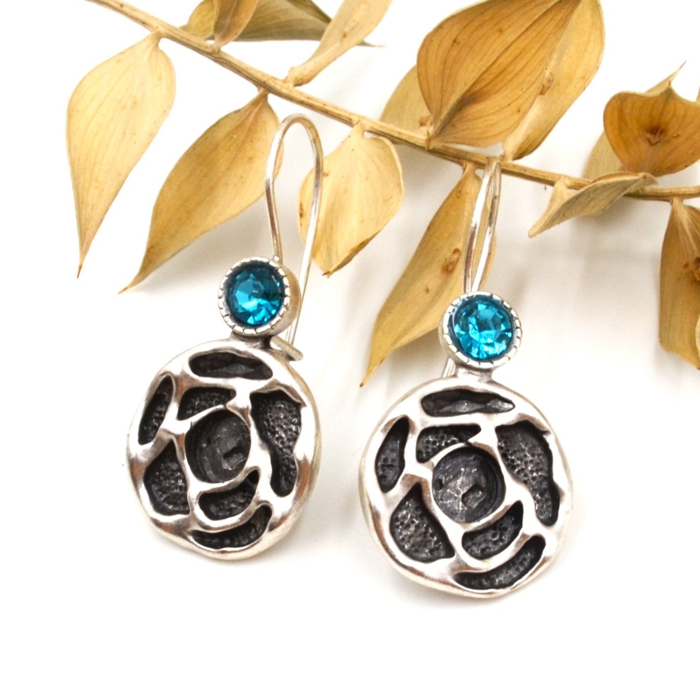 Lightweight Antique Silver Round Dangle Earrings Blue Zircon Boho Jewelry