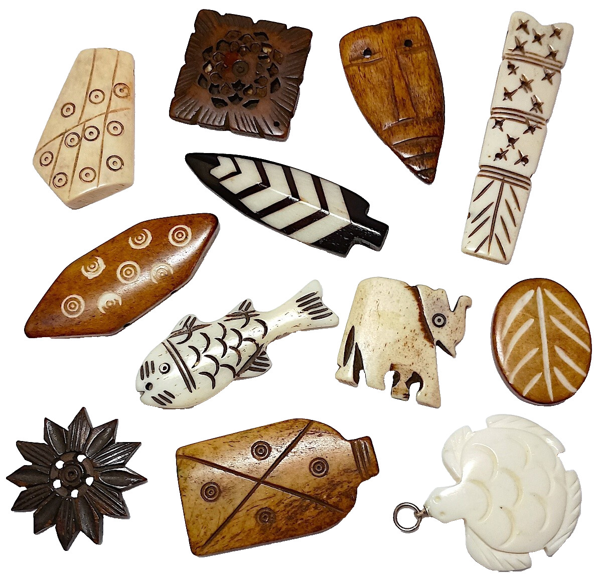Water Buffalo Bone, Assorted Pendants, 12 Pieces, 1″ to 3″, Etched or Carved