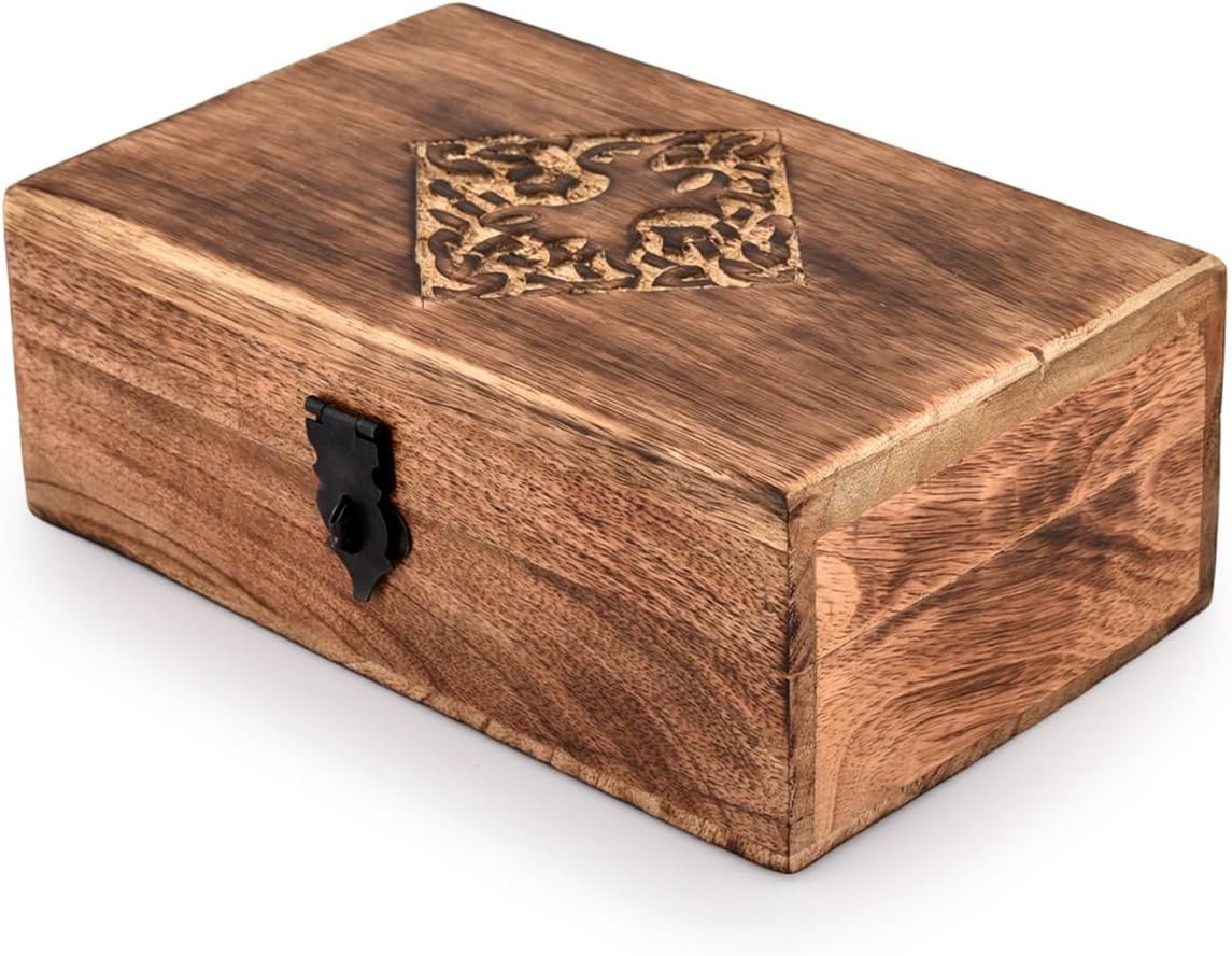 Polished Brown Jewelry Organizer – Handmade Keepsake Box with Celtic Engraving