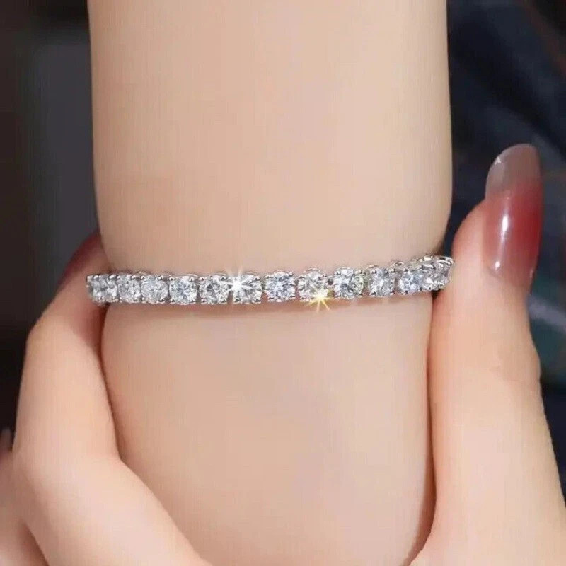4mm Round Cut 10 CTW DEF Moissanite 14K White Gold Plated Tennis Bracelet 8 Inch
