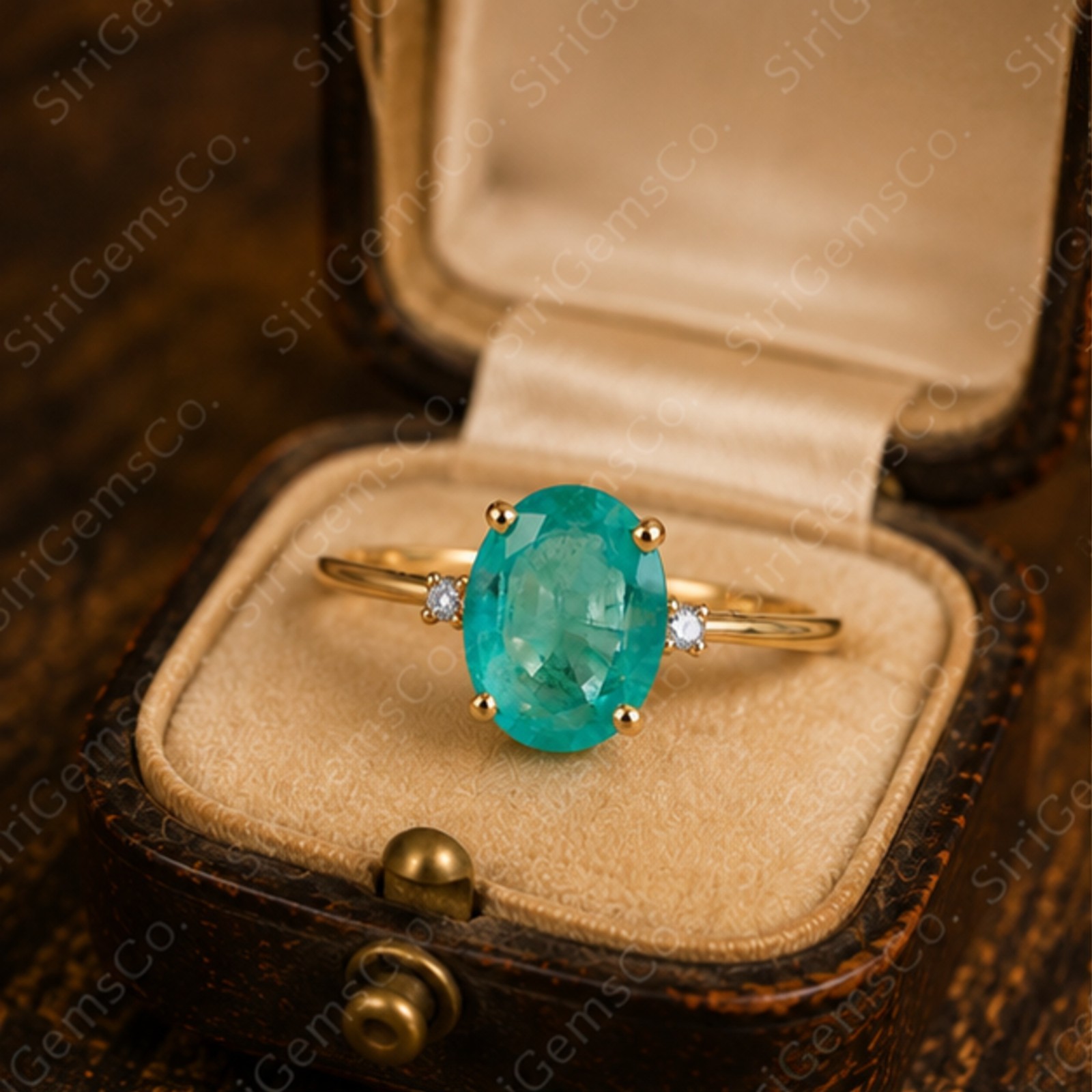 Oval Mint Green Emerald Ring Diamond Side Accent 14k Yellow Gold Over Silver Fin